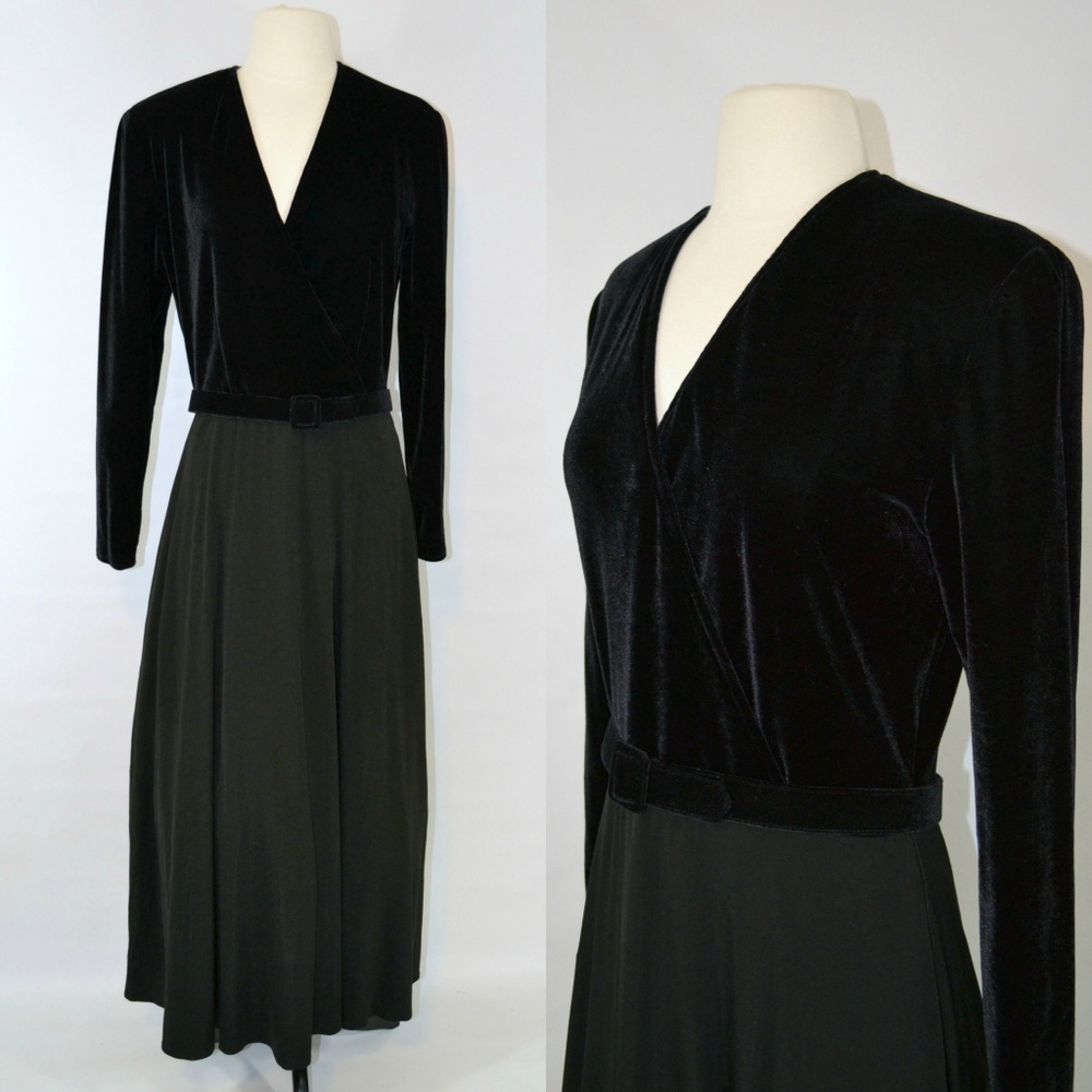 1980s Black Velour Bodice Maxi Dress